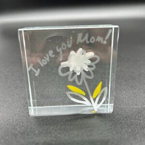 Glass Paperweight "I Love You Mom!" Etched Prism Flower Daisy 2.5" Square Gift